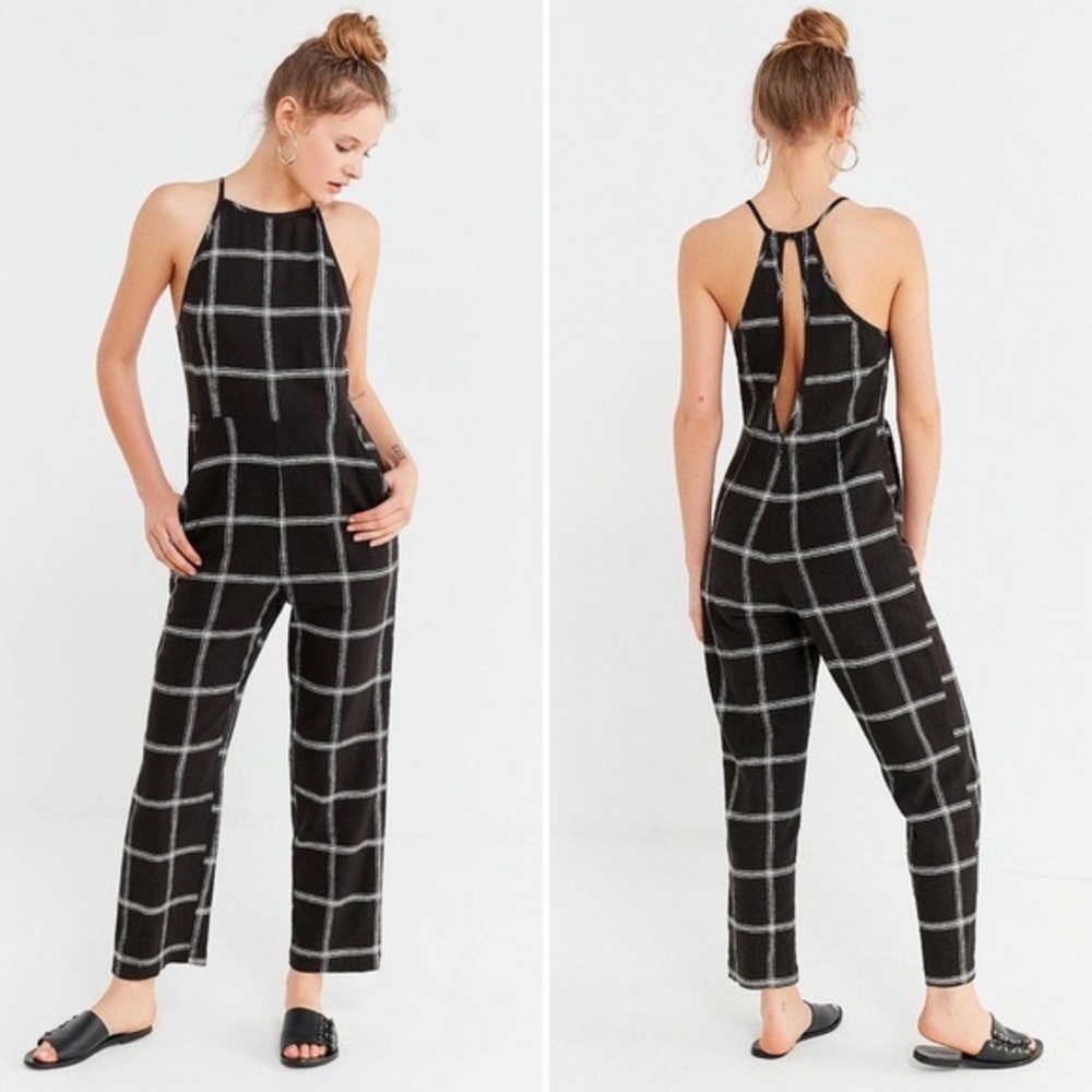 Urban Outfitters Hattie High Neck Linen Black White Windowpane Jumpsuit Size 2